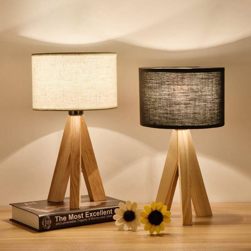 Elvory Fabric Bedside Table Lamp – Wooden Base Warm Bedroom Lighting