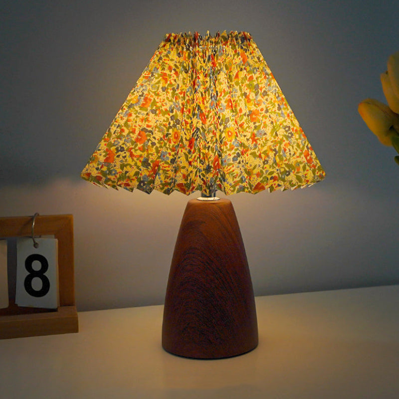Lunessa Vintage Wood Table Lamp – Scalloped Fabric Shade with Infinitely Dimmable Warm Lighting