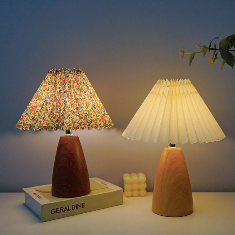 Lunessa Vintage Wood Table Lamp – Scalloped Fabric Shade with Infinitely Dimmable Warm Lighting