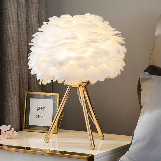 Selicity Modern Table Lamp – Stylish Globe Feather Shade for Cozy Bedroom Lighting