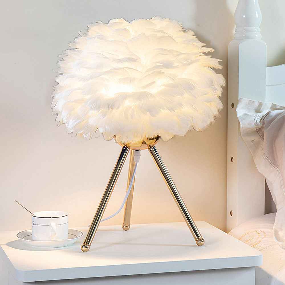 Selicity Modern Table Lamp – Stylish Globe Feather Shade for Cozy Bedroom Lighting