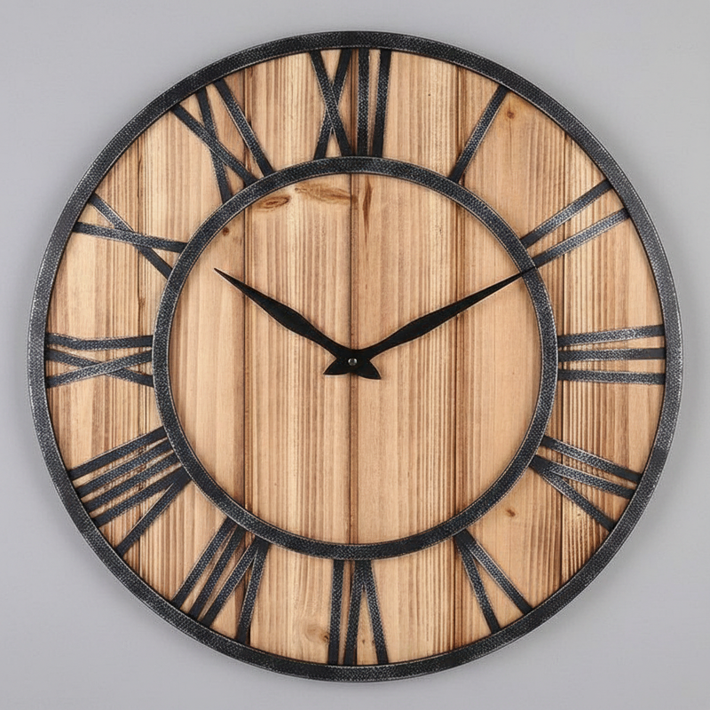 Large Wood and Metal Wall Clock - Modern Industrial Design