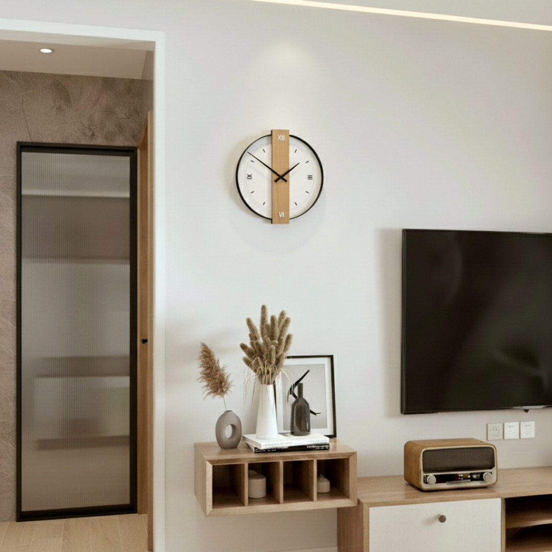 Calvoro Large Modern Oak Wall Clock – Silent Minimalist Wooden Home Decor