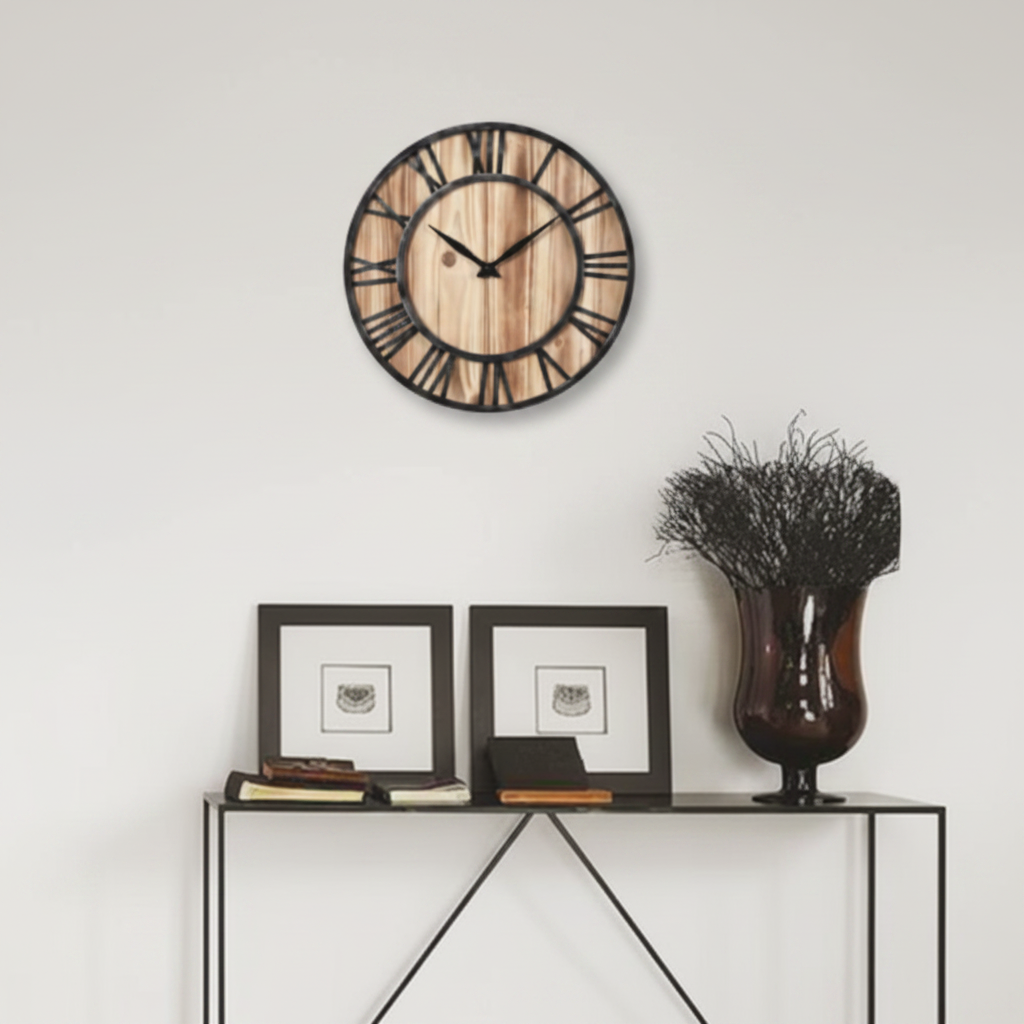 Large Wood and Metal Wall Clock - Modern Industrial Design
