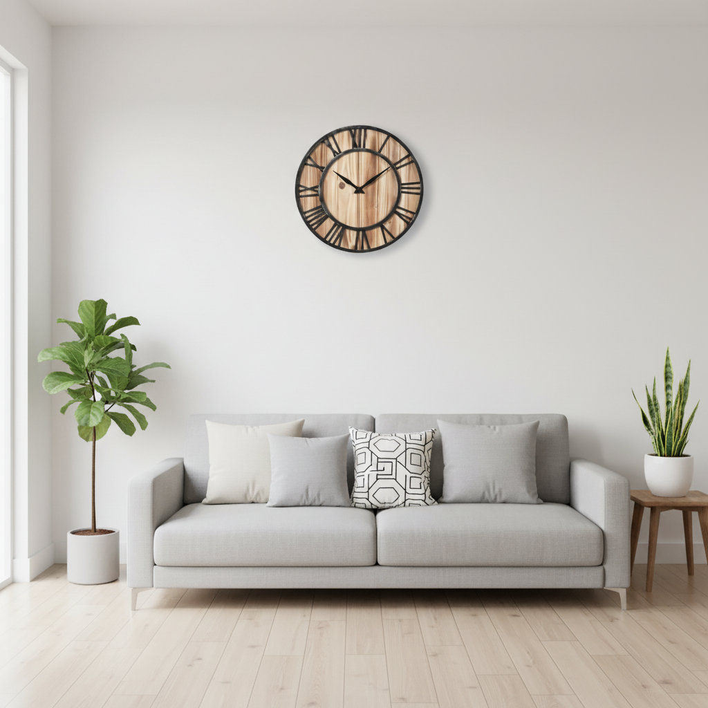 Large Wood and Metal Wall Clock - Modern Industrial Design