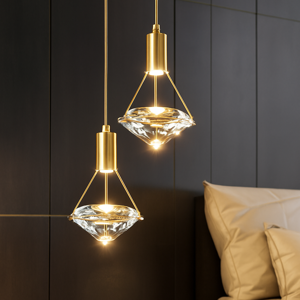 Viretta Modern Crystal LED Pendant Lamp – Elegant Golden Lighting for Interiors
