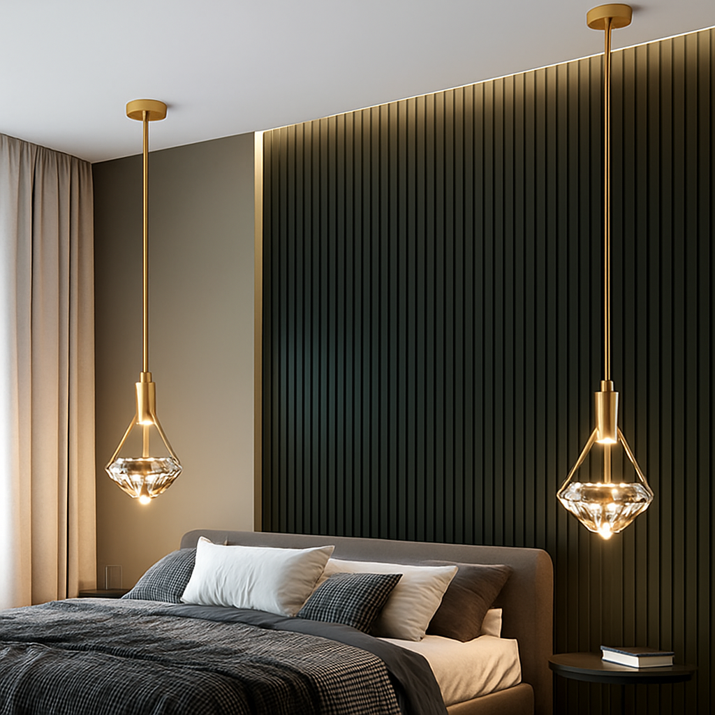 Viretta Modern Crystal LED Pendant Lamp – Elegant Golden Lighting for Interiors