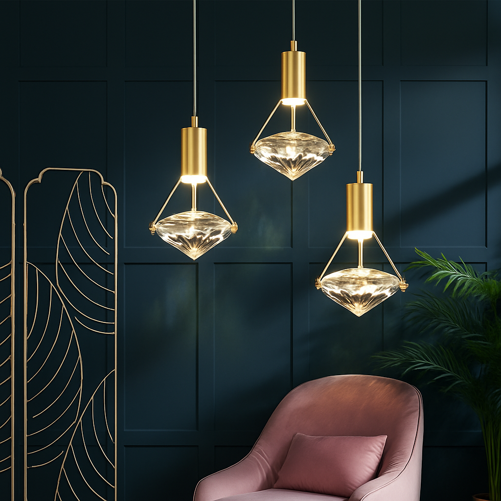 Viretta Modern Crystal LED Pendant Lamp – Elegant Golden Lighting for Interiors